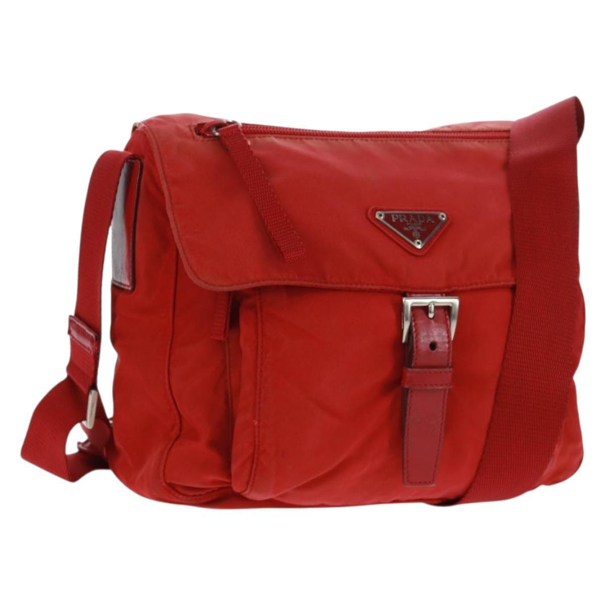 Prada Shoulder Bag Nylon Red Silver Auth 161482